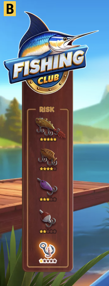 Fishing Club 2 bait selection panel for risk level adjustment