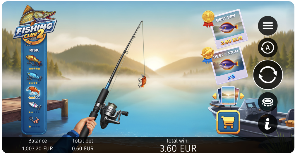 Fishing Club 2 main gameplay interface showing lake scenery and fishing mechanics